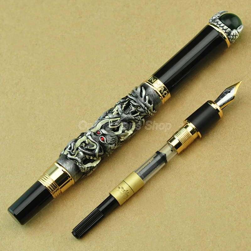 Jinhao Luxury Dragon King 18KGP M Nib Fountain Pen, Metal Embossing Green Jewelry on Top, Gray Drawing Portable Writing Gift Pen jinhao noble dragon king 18kgp m nib fountain pen metal embossing green jewelry on top gray drawing refillable ink pen