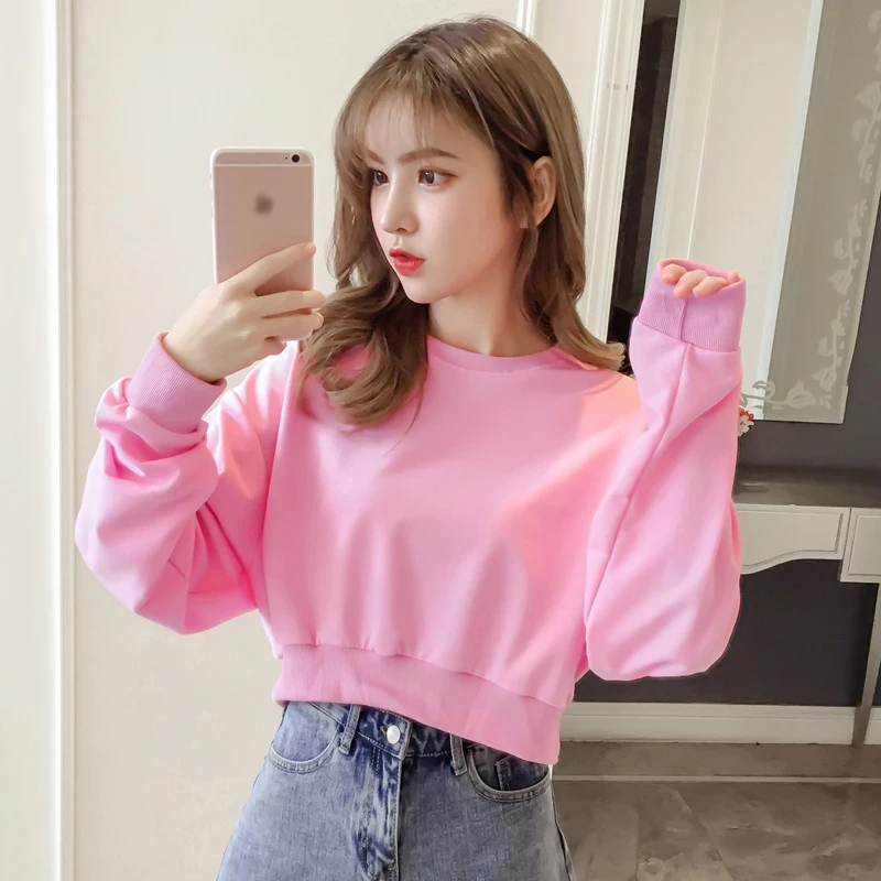 

Leisure Street O-neck Sweatshirt Women Autumn and Winter Fashion Long-sleeved Solid Color Short Pullover Harajuku Hip-hop Top