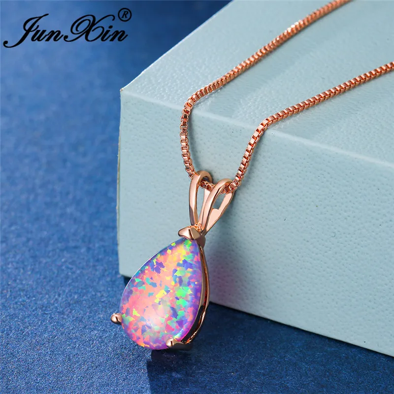 Purple Opal Necklace Мистическое ожерелье с грушевидной огранкой, голубой, белый, зеленый, огненный опал, цепочка из розового золота, подвеска с камнем в виде капли воды, ожерелье s для женщин, колье, ювелирное изделие - Окраска металла: Purple Opal Necklace
