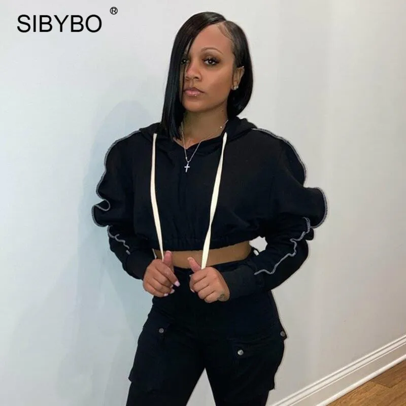 Женские повседневные свободные толстовки Sibybo черный укороченный свитер с