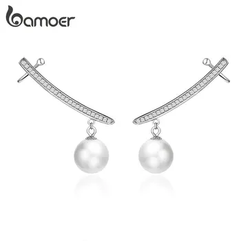 

bamoer Authentic 925 Sterling Silver Stud Earrings Elegant Pearl Long Earrings Clear CZ Wedding Fine Jewelry for Women GAE299