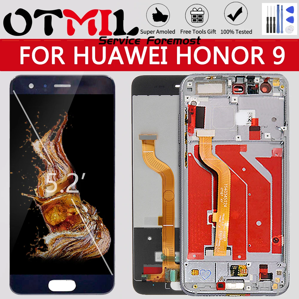 Кнопка отпечатков пальцев 5,1" ЖК-дисплей для huawei Honor 9 ЖК-дисплей сенсорный экран Рамка для huawei Honor 9 ЖК-дисплей STF-L09 STF-AL10