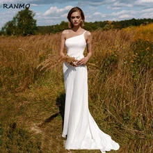 

One Shoulder A Line Wedding Dress 2021 Full Puff Sleeves Backless Detachable Sweep Train Appliques Tulle Robe De Mariée Simple