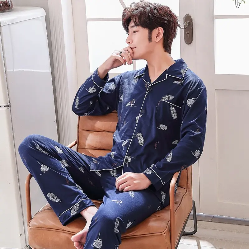 

2020 Spring 100% Cotton Pajama Sets for Men Long Sleeve Pyjama Soft Comfortable Sleepwear Print Homewear Loungewear Home Clothes