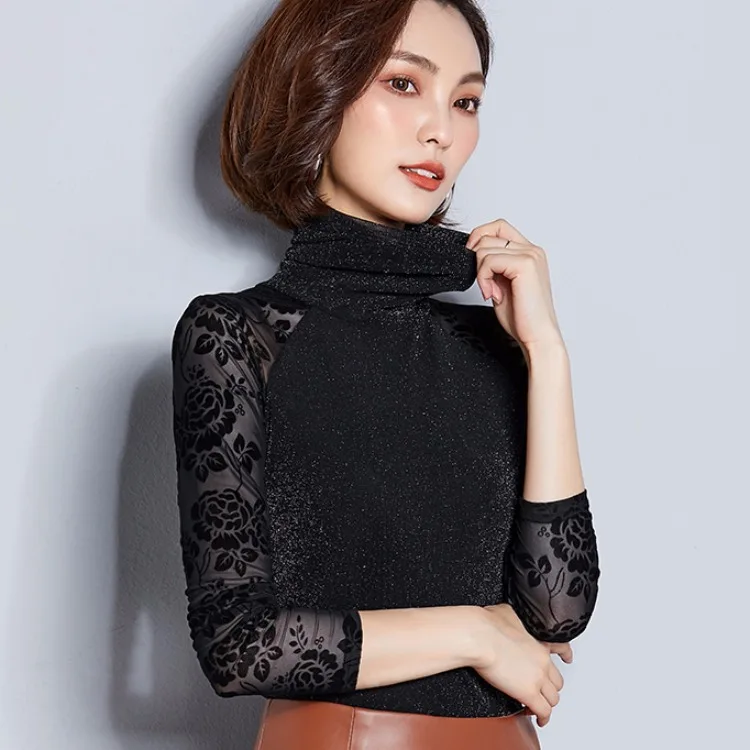 

Hot Selling Autumn New Style WOMEN'S Dress Lace High Collar Short Base Shirt Women's Long-Sleeve Versatile Commuting T-shirt Top