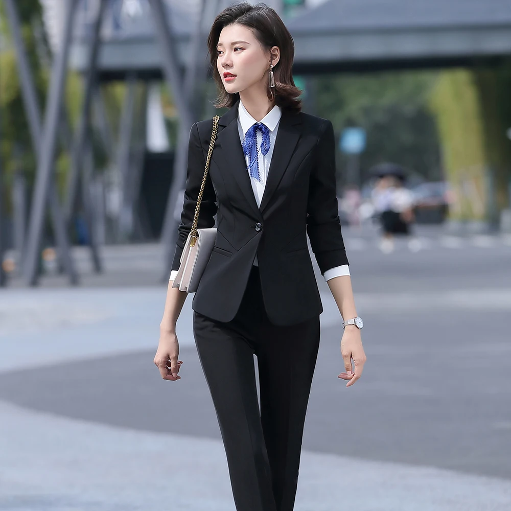 Office Lady 3 Piece Set Women Formal Work Wear Pant Suit Uniform Designs Single Button Black Gray Blazer Jacket Vest and Pant