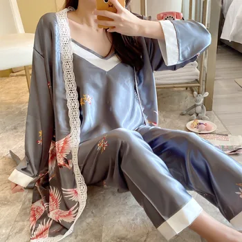 

2020 Spring Pajamas Imitated Silk Fabric Three-piece Set M-XL Silver Gray Ribbon Chest Pad Home Wear