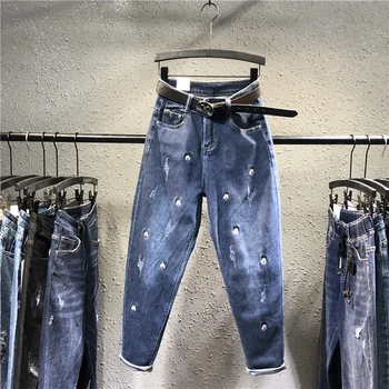 

New Spring Cartoon Mickey Embroidery Harem Jeans Pants Women's Trend Spring High-waist Loose Denim Pants Casual Long Trousers