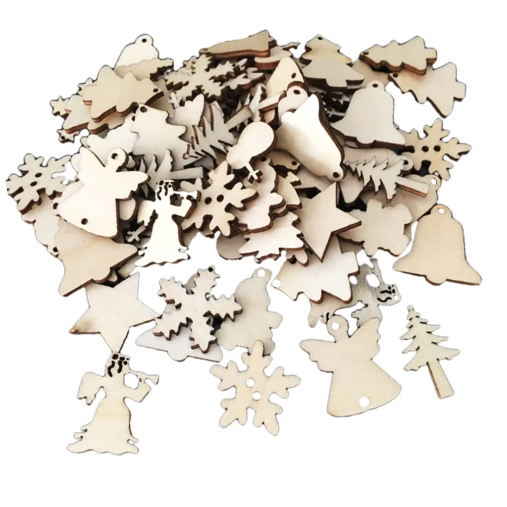 50 Pcs Trees Shapes Nature Decorations Sets for Kids - Angle, Ring Bell, Tree, Snowflakes Shaped Wooden Embellishments