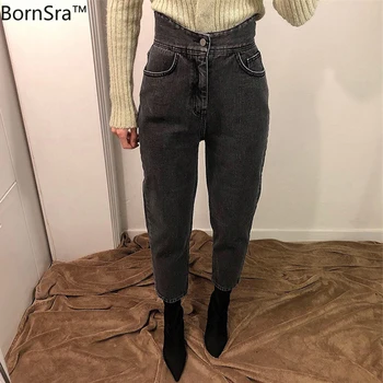 

BornSra 2020 Spring Women Wide Leg Jeans Street Style Pants Fashion High Waist Loose Denim Black Jeans Female Buttons Trousers