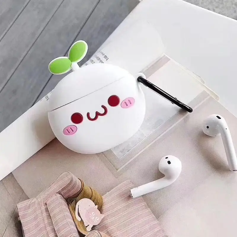 Cute Cartoon Grass Pattern Soft Silicone Protective Case Skin Protector with Carabiner for Airpods 1/2 Charging Box Accessories