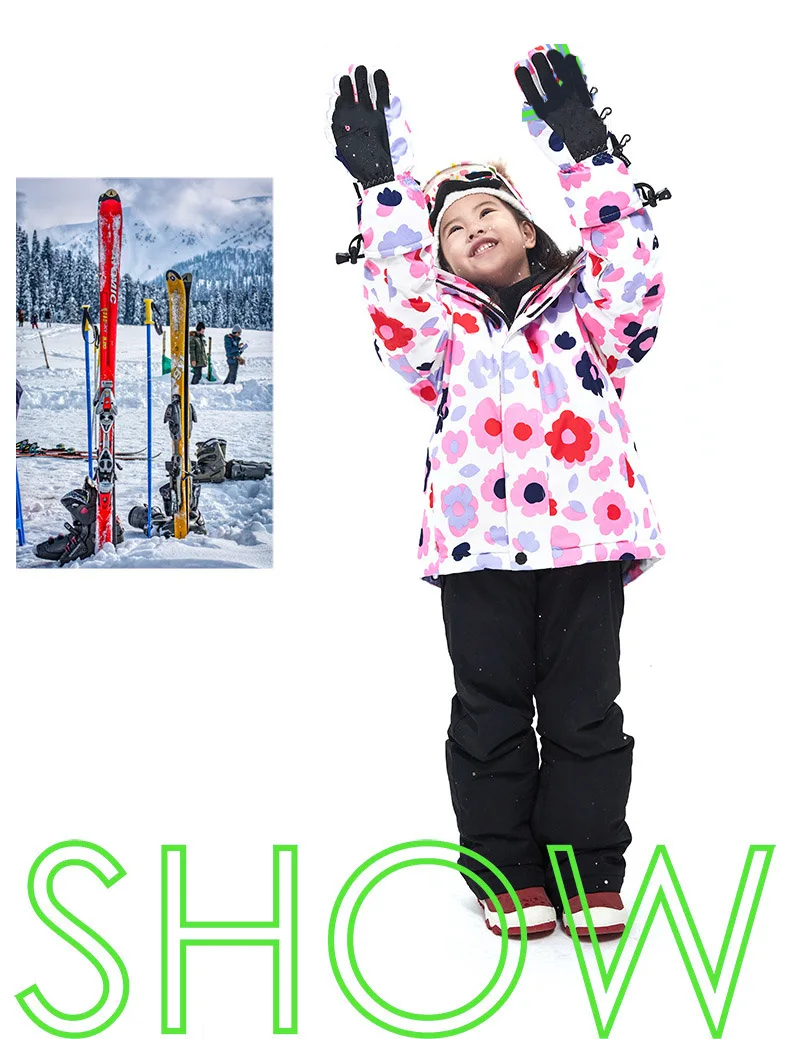 Детский лыжный костюм комплект зимней спортивной одежды для девочек и мальчиков, Утепленная зимняя водонепроницаемая куртка+ штаны детская Лыжная и Сноубордическая куртка