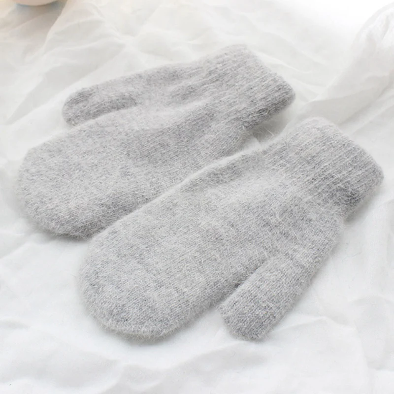 Двухслойные перчатки из кроличьей шерсти, женские зимние корейские однотонные перчатки на все пальцы, зимние женские перчатки, варежки для девочек - Цвет: LGY