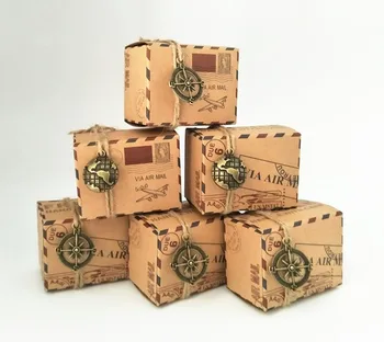 

6.5X3.5X4.5cm Brown Kraft DIY Vintage Inspired Airmail Favor Box Kit Wanderlust Travel Candy Box with Globe and Compass Charms