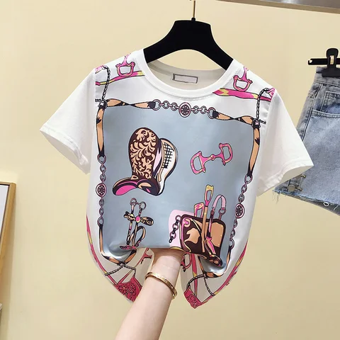 Size Women T-Shirt 2021 Summer New Short Sleeve Loose Casual Print Tops T-Shirt Fashion O-Neck Female T-Shirt LJ3077