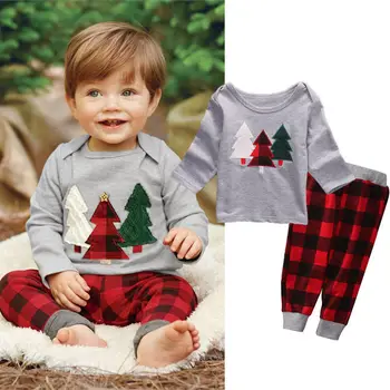 通販 新年キッズベビーボーイ長袖クリスマス服セットtシャツ + チェック柄パンツ2個服クリスマス子供服卸売