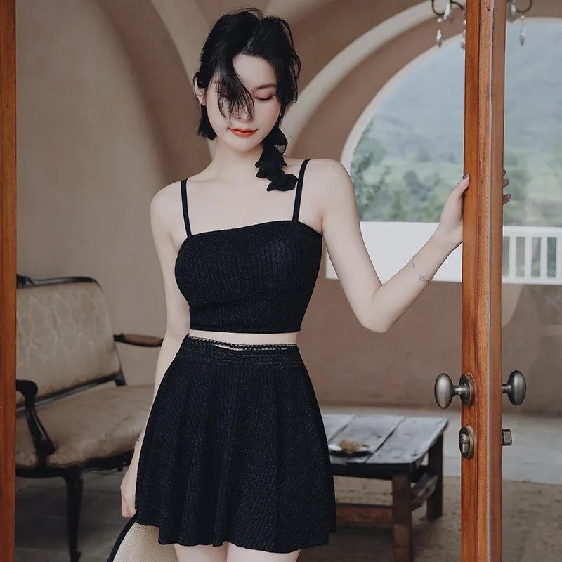 

2020 New Style Solid Color Strapped Dress Bikini Three-piece Set-Slim Fit Slimming Hot Springs Beach Holiday Bathing Suit Women'