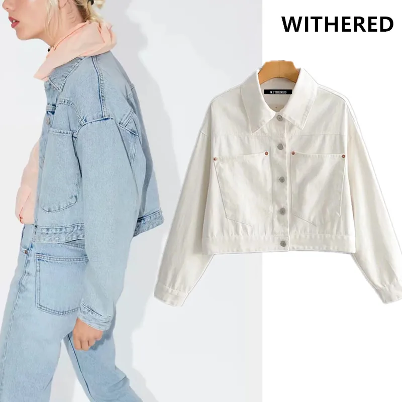 

Withered winter high street vintage drop-shoulder boyfriend washed pockets denim jacket casaco feminino jaqueta feminina tops