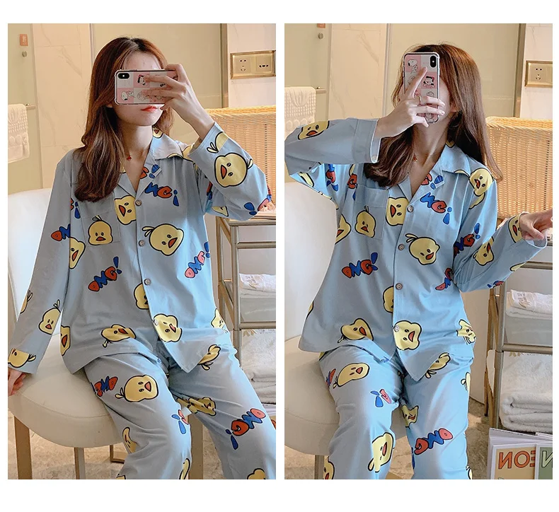 CAIYIER Autumn Winter New Sleepwear Set Women Turn-down Collar Pajamas Cute Cartoon Pattern Button Top+Pants Leisure Home Wear