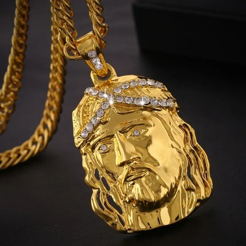Classic Personality Religious Style Unisex Gold Color Inlaid Zircon Big Jesus Head Pendant Necklace for Men Jewelry Gift