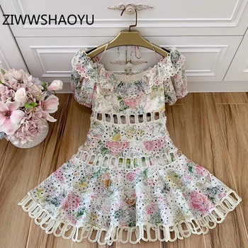 

ZIWWSHAOYU Summer Female Boho Print Mini Off Shoulder Dress Fashion Designer WOmen Hollow Out Embroidery Cotton Linen Dresses