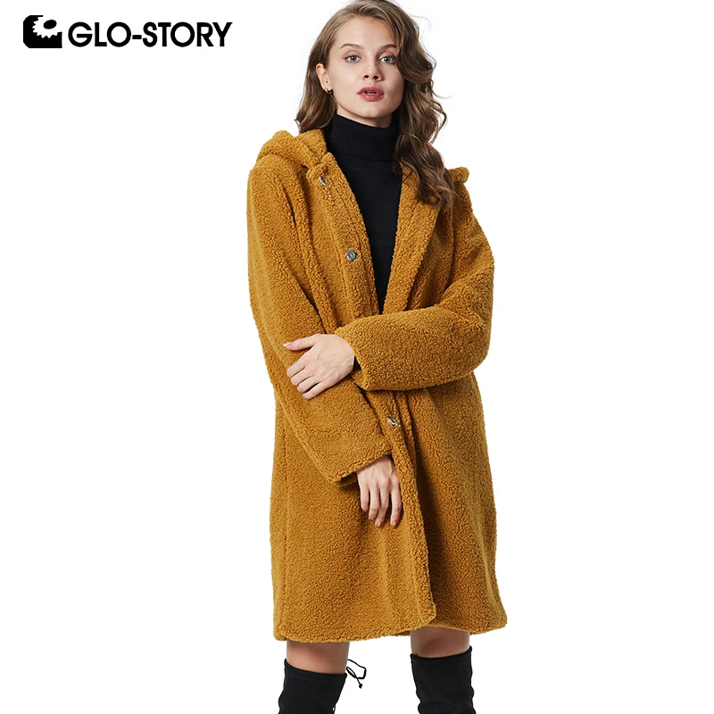 

GLO-STORY Teddy Cozy Women's Winter Long Hooded Fleece Lamb Coats Female 2019 Casual Streetwear Knee Length Overcoat WFY-9444