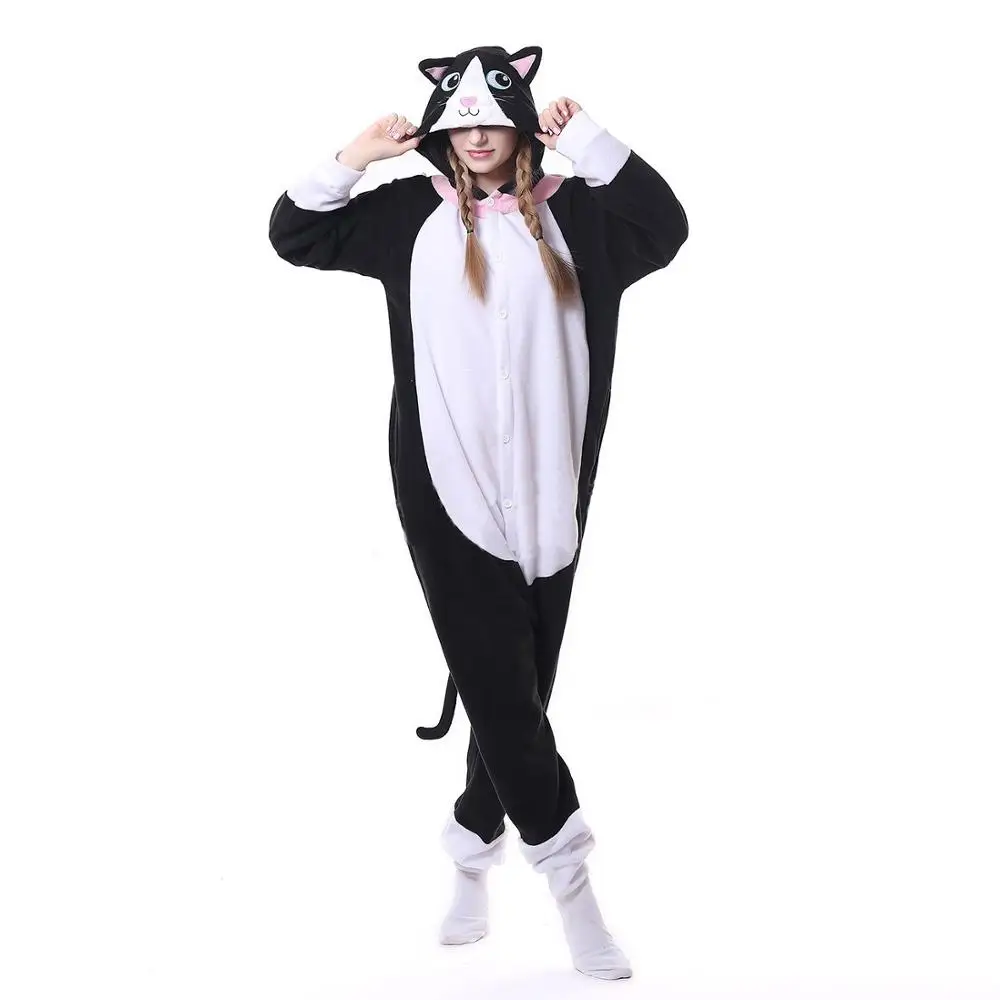 

Animal Black Cat Kigurumis Onesie Men Women DJ Kitty Matching Pajama Overall Adult Sleepwear Cartoon Carnival Jumpsuit Fantasias