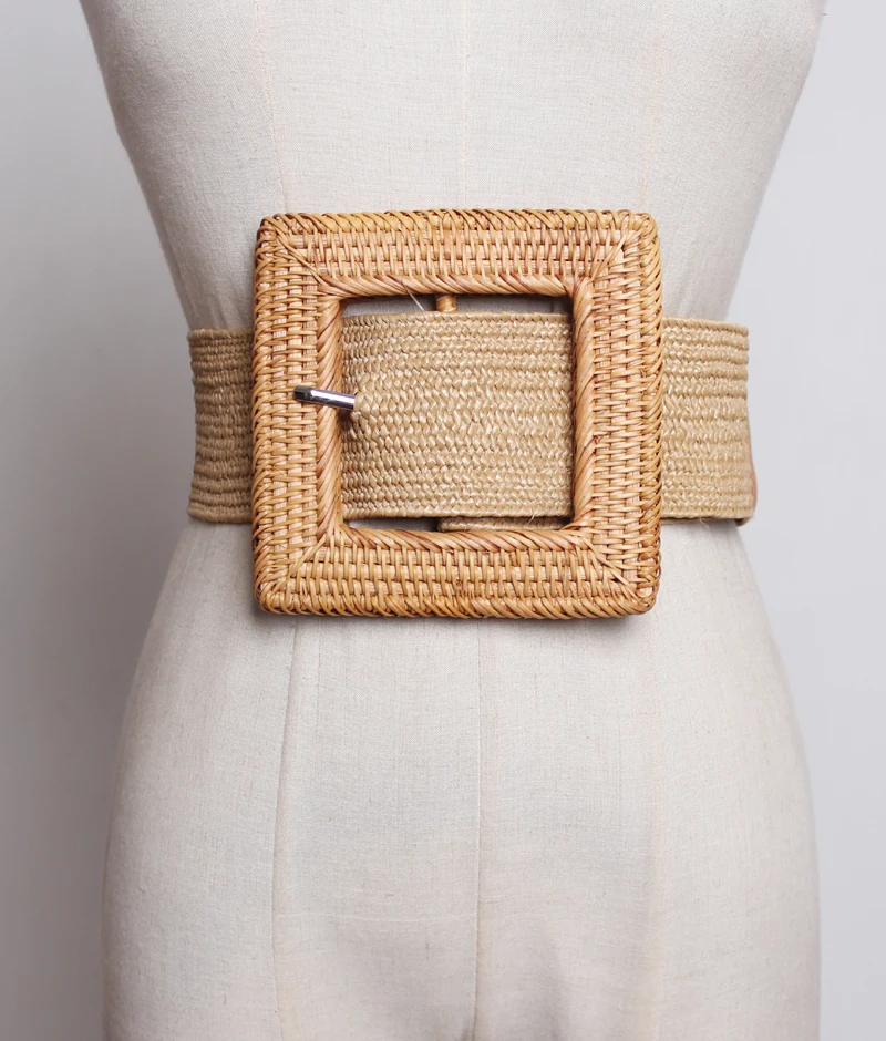 

2019 Summer Elastic Imitate Woven Straw Waist Belts Knitting Square Buckle Super Wide Waistband Bohemian Beach Dress Belts New