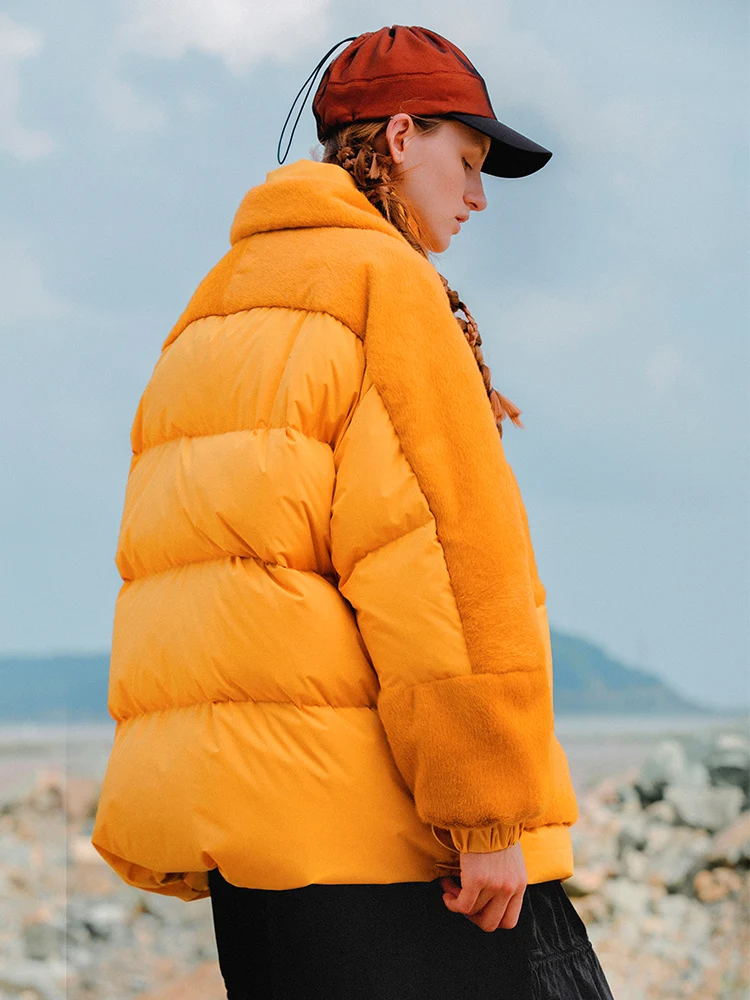 11.11 Original Design AIGYPTOS Winter Women Oversized Warm Artificial Fur Patchwork Casual Ultra Loose Yellow Short Down Jacket