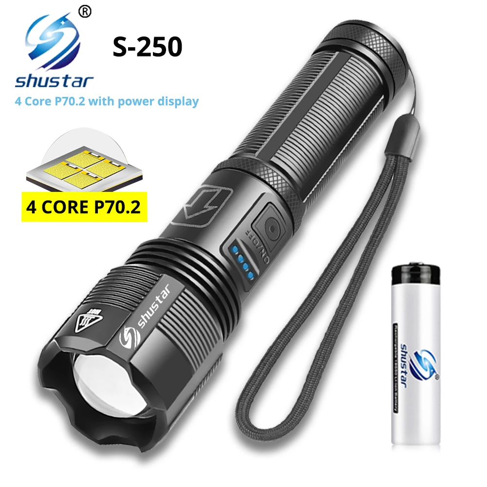 Super Bright 4 Core P70.2 LED Flashlight with Battery Display 5 Lighting Modes for Adventure, Hiking, Camping, Hunting, Etc. emergency flashlights