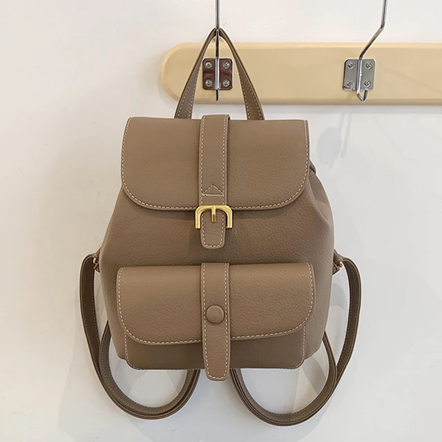 Women Drawstring Leather Backpack French Shoulder Bag Trendy Female School Bag Teenage Girls High Quality Fashion Rucksack X950H Khaki new