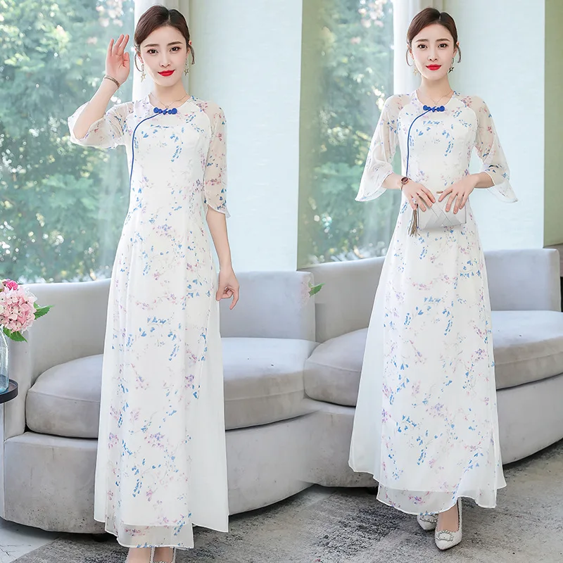 

20 Chinese-style Origional Women's Crew Neck Literature And Art Retro Chiffon Printed Improved Cheongsam Audrey Slim Dress