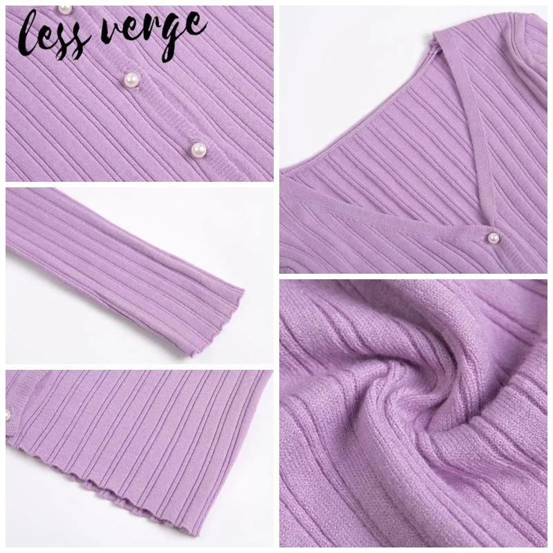 Lessverge, жемчужные пуговицы, короткий вязаный кардиган, женский, длинный рукав, черный, укороченный свитер, женский, Осень-зима, повседневный джемпер для девушек