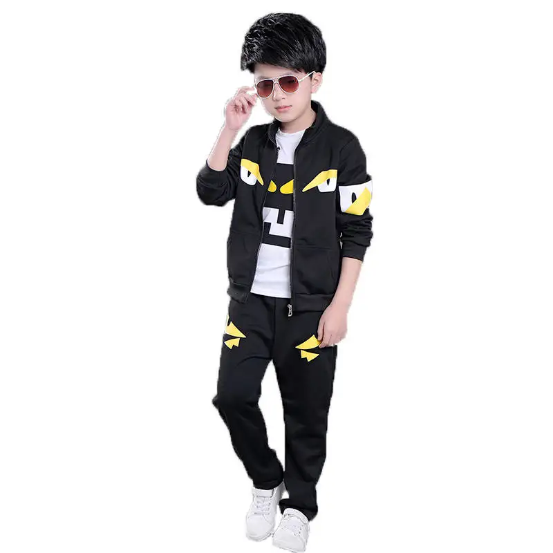 Boys set in the big three three-piece children's sports round neck T-shirt boys spring and autumn long-sleeved tide clothes - Цвет: Черный