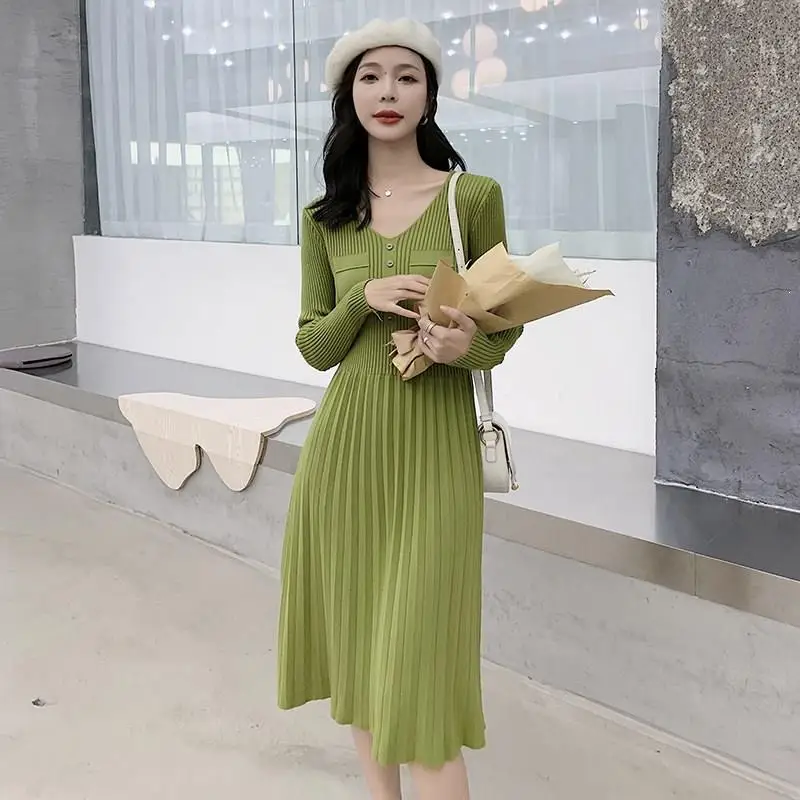 

Korean Sweater Dress Fashion Women Knitted Dresses Elegant Winter Women Vintage Office Lady Pockets Dress Plus Size