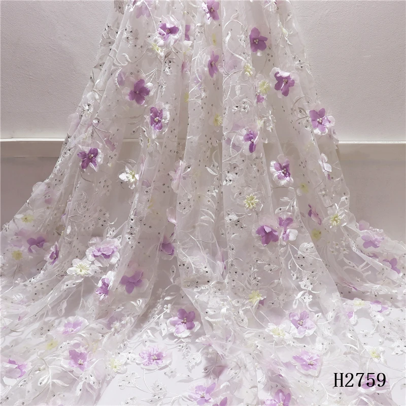 

2019 High Quality Tulle Lace Fabric 3D Flowers Beaded Mesh African Lace Fabric French Lace For Women Party Dress HX2759