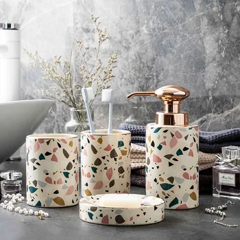 

Nordic Painted Ceramic Bathroom Accessories Four-piece Household Mouthwash Cup Soap Dish Lotion Bottle Tray Bathroom Combination