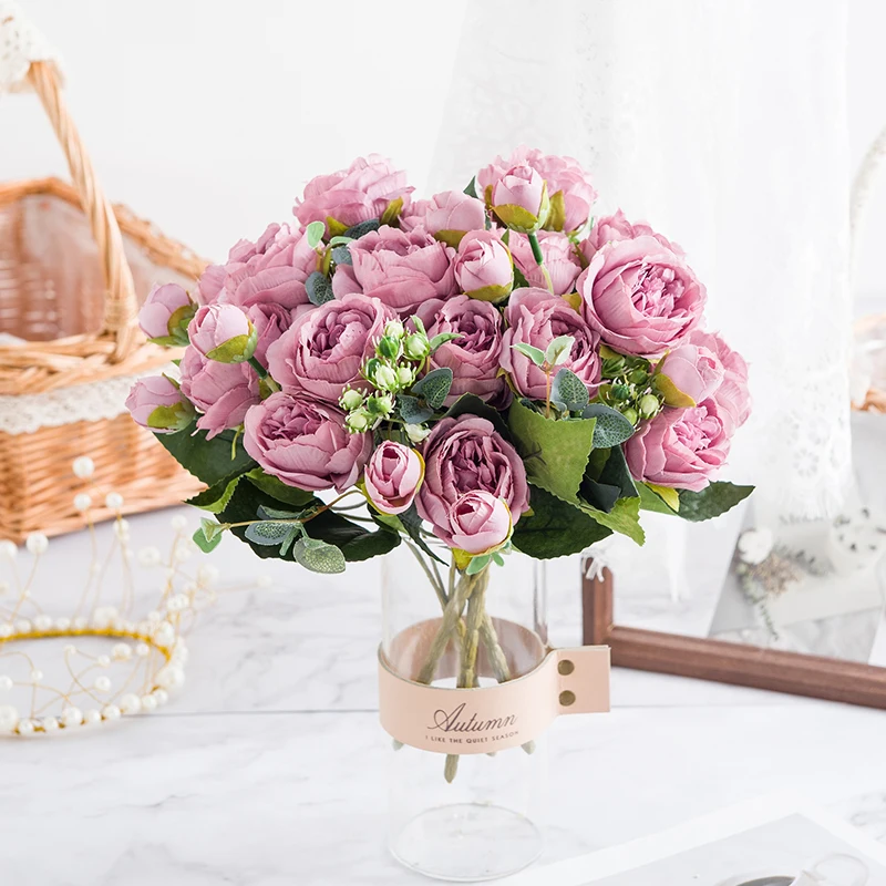 Silk Peony Bouquet Artificial-Flowers Tea-Rose Fake-Plant Wedding-Autumn-Decoration Pink