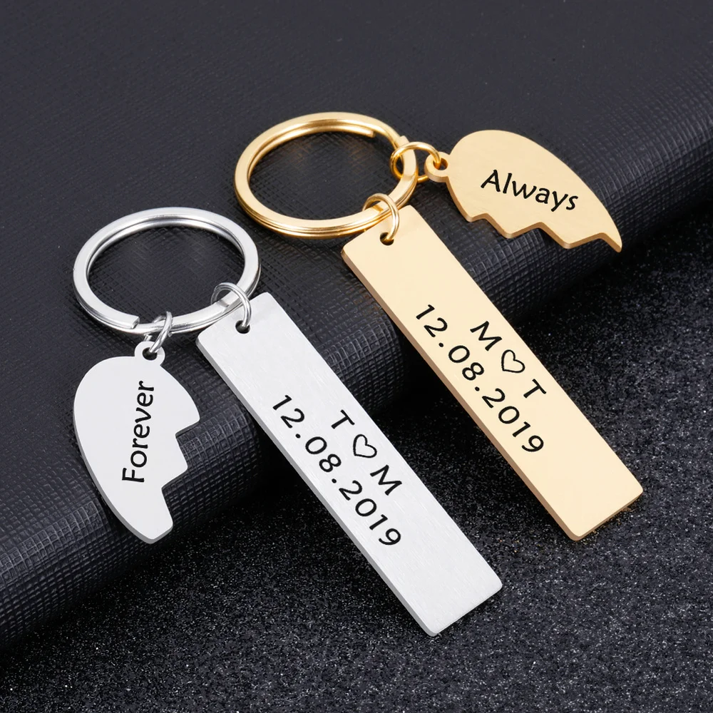 

A Pair Couple Keychain Gifts for Husband Wife Boyfriend Girlfriend Valentines Customized Date and Two Initials Keychains for Him