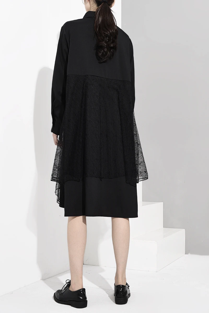 [EAM] женское черное Сетчатое платье-рубашка большого размера с разрезом, новинка, с отворотами, с длинным рукавом, свободный крой, модный стиль, весна-осень, 1A0790