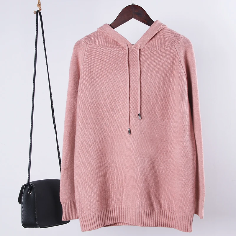 Pink Shellsuning/вязаный свитер; толстовки; пуловер с капюшоном большого размера для женщин; сезон осень-зима; теплые шикарные однотонные свободные женские повседневные топы - Цвет: Pink