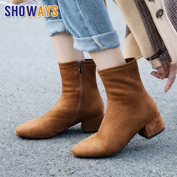 

2020 Winter Plush Shoes Women Sock Boots Square Toe Chunky Heel Black Faux Suede Casual Office Ladies Zipper Stretch Ankle Boots