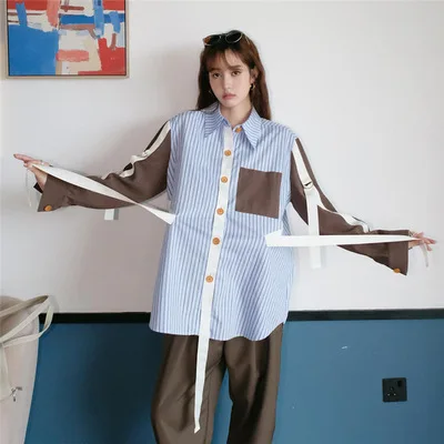 [EAM] Women Blue Ribbon Striped Big Size Blouse
