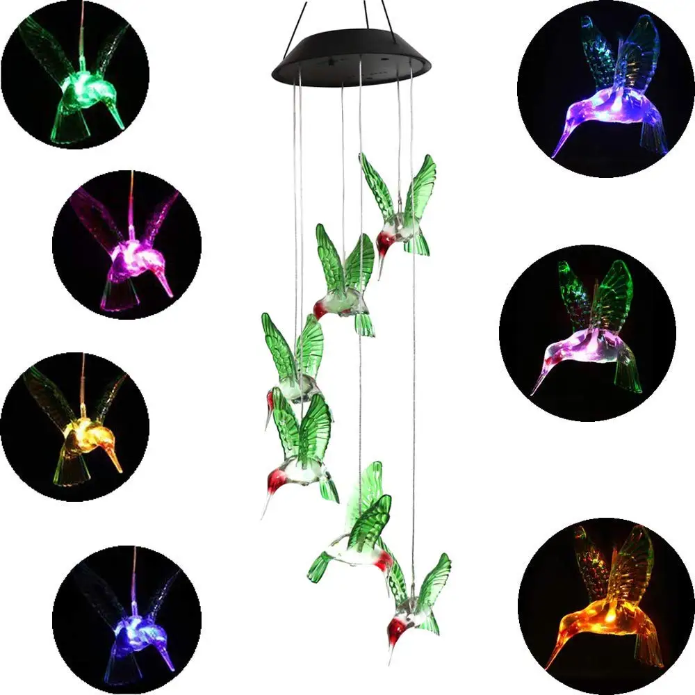 

Color Changing Solar Power Wind Chime Crystal Ball Hummingbird Butterfly Waterproof Outdoor Windchime Light for Patio Yard Garde