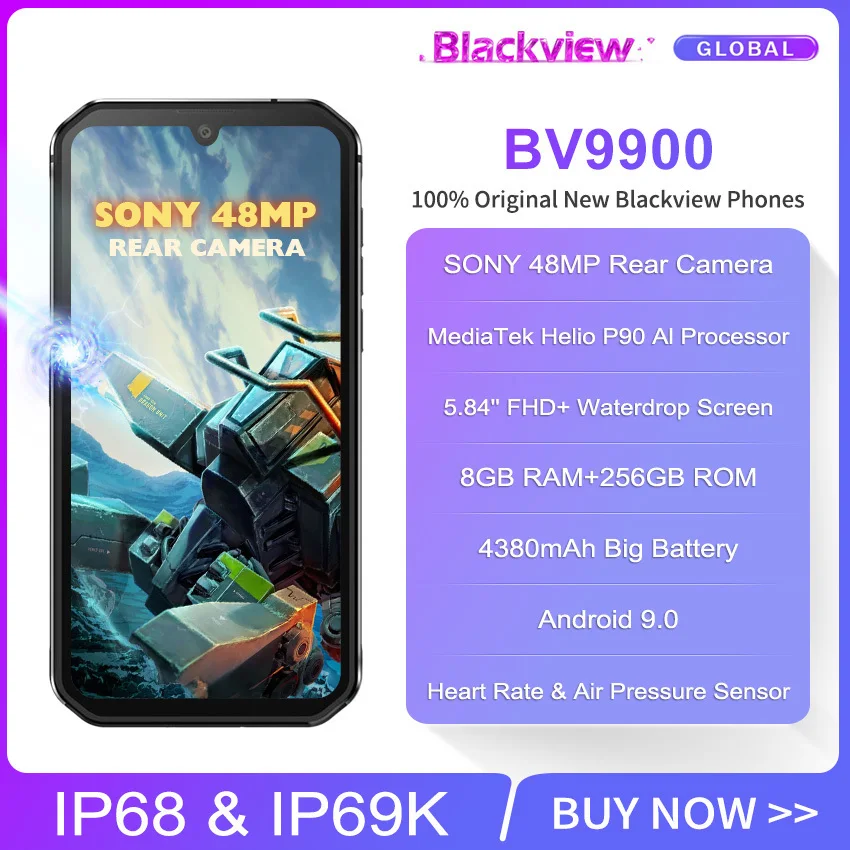 Blackview BV9900 NFC 8GB RAM 256GB ROM Helio P90 Octa Core 4G Rugged Smartphone 4380mAh Android 9.0 IP68 Waterproof Mobile Phone