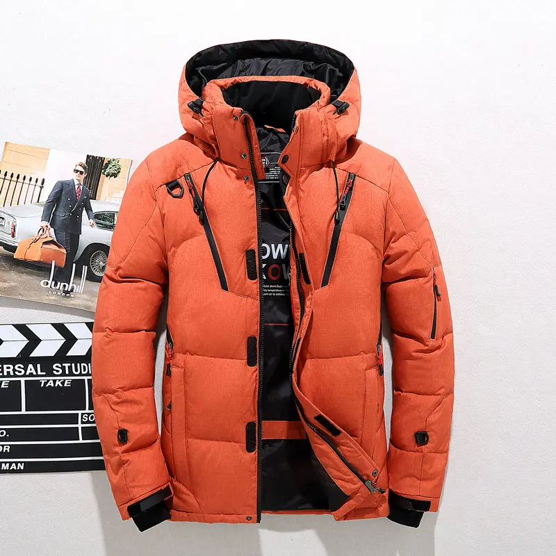 Высококачественная зимняя мужская куртка с капюшоном, Толстая теплая пуховая парка на утином пуху, повседневное приталенное Мужское пальто с множеством карманов - Цвет: Оранжевый