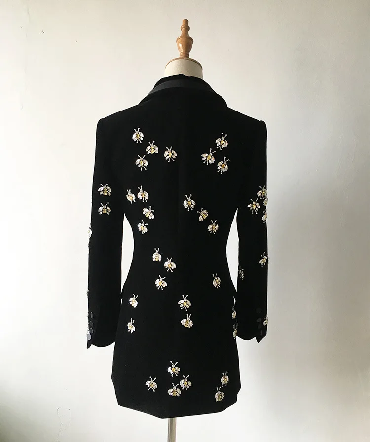 elegant Top women coats Designer Fashion Bees Beading diamond Long Blazers Notched Black Velvet Slim suit jacket Plus Size