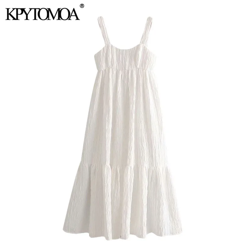

KPYTOMOA Women 2020 Chic Fashion Textured Pleated Midi Dress Vintage Backless Zipper With Lining Straps Female Dresses Vestidos