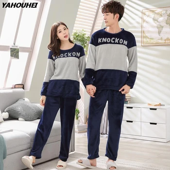 

2019 Winter Couples Thick Warm Flannel Pajamas Sets for Women Long Sleeve Coral Velvet Pyjamas Men Lounge Homewear Home Clothing