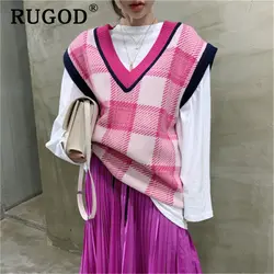 RUGOD корейский Клетчатый Свободный вязаный свитер rvest женский винтажный v-образный вырез без рукавов свободные свитера Топы 2019 элегантные